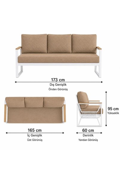 UFUK HOME Rosa Krem 3+1+1 Masalı KAHVERENGİ 2 Puflu Bahçe Oturma Grubu – 2 Kırlent Hediyeli
