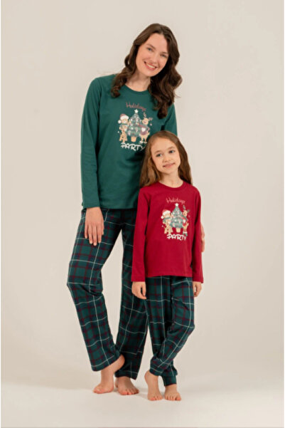Arnetta Mother & Daughter Red-Green Pajama Set Combination, 100% Cotton, Moth...