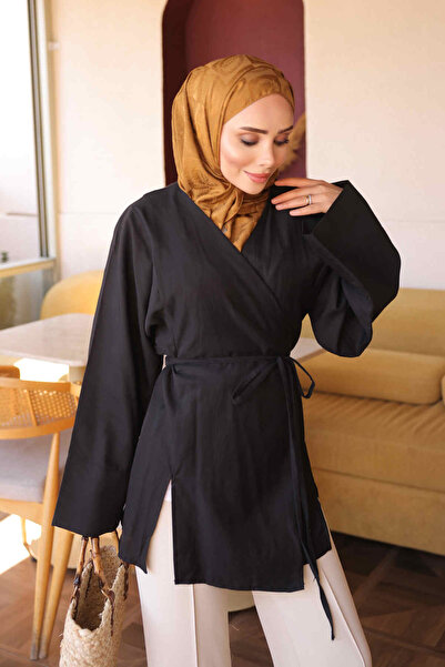 İmajButik Siyah Ön Bağlamalı Kimono