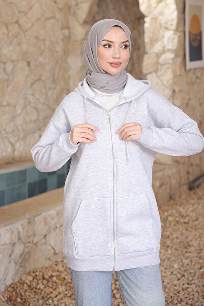 İmajButik Gray Hooded Zippered Three-Thread Pocket Cardigan