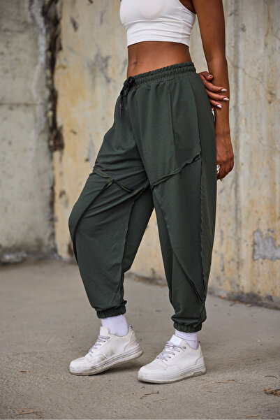 Superbluemexico Women's Elastic Waist Pants with Dirty Stitching Detail