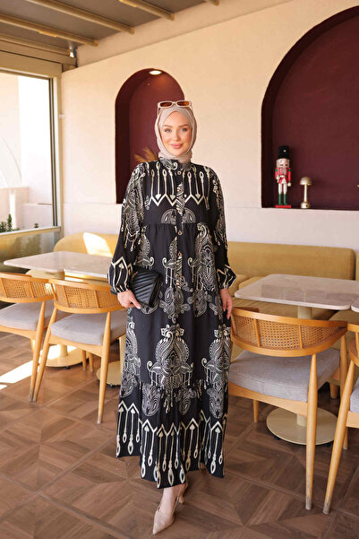 İmajButik Μαύρο φόρεμα βισκόζης με μισά μανίκια με κουμπιά και ελαστική φούστ...