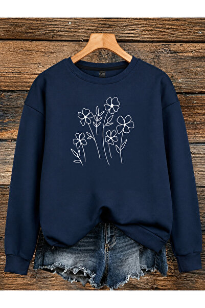 ESADE Kadın Cizgi Çiçek Baskılı Rahat Kalıp Bisiklet Yaka Lacivert Sweatshirt