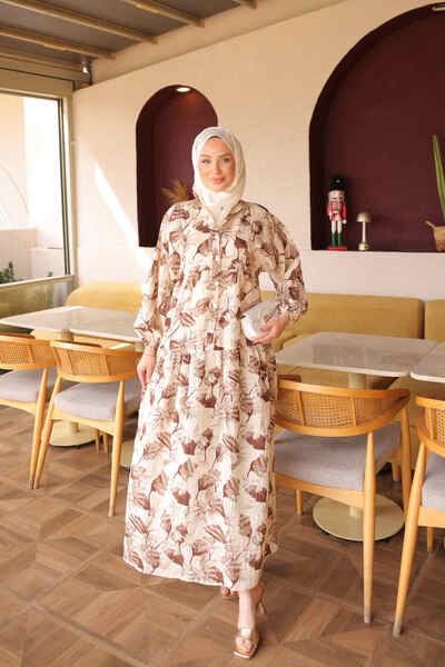 İmajButik Brown Half Buttoned Sleeves Elastic Patterned Dress