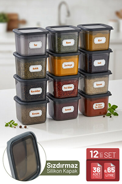 İronika 650 ml Spice Food Storage Container Set with Silicone Lids and 12 Lab...