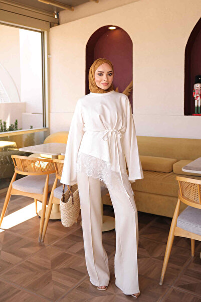 İmajButik Ekru Eteği Dantel Detaylı Bel Bağlamalı Tunik
