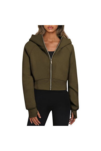 OtherMax Hanorac de damă din fleece, scurt, casual, călduros, stilat, verde, L.