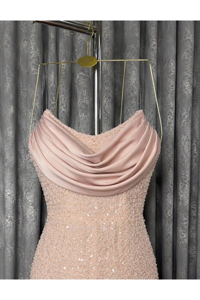 ELORA FASHION فستان سهرة وردي درابيه مرصّع بالخرز