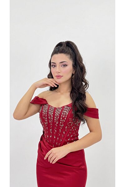ABİYECİM ABİYE DÜŞÜK KOL STRAPLEZ KORSE GÖRÜNÜMLÜ TAŞLI ABİYE