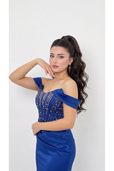 ABİYECİM ABİYE DÜŞÜK KOL STRAPLEZ KORSE GÖRÜNÜMLÜ TAŞLI ABİYE