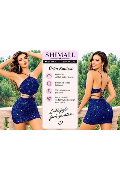 Kadın Saks Mavisi Payetli Mini Elbise Işıltılı Sırt Dekolteli Bağlamalı Askılı Şık Gece Elbisesi M-L-XL