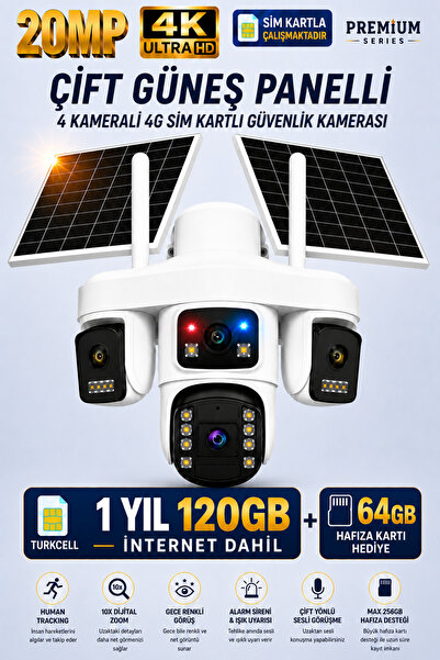 Trio SGX-479 Güneş Panelli Kamera 4 Lensli 64GB Hafıza Kartı+120GB Sim Kartlı Güvenlik Kamerası AOV