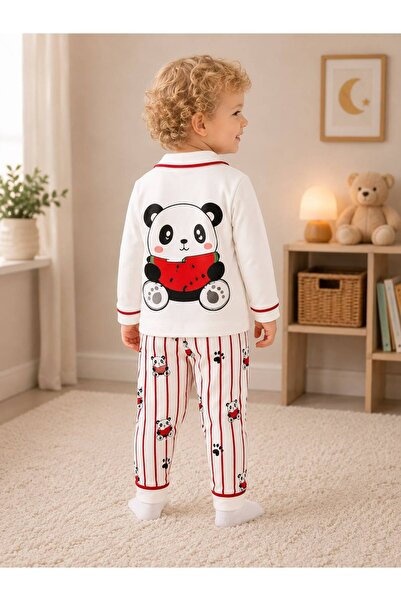 derin baby %100 Pamuk Uzun Kollu Düğmeli Panda Desenli Sırt Baskılı Yumuşak D...