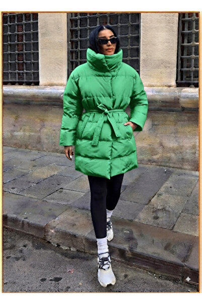 ladyzey Women's Pistachio Green Stand-Up Collar Belted Snap Closure Double Po...