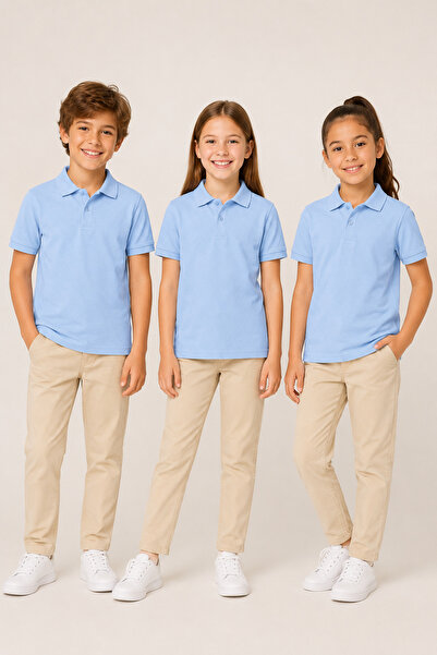 Soweto Çocuk Unisex 3'lü Polo Yaka Kısa Kollu Okul Tişört %100 Pamuk 2-14 Yaş