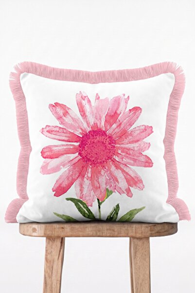 IdeCraft Pembe Büyük Suluboya Papatya Çiçek Desenli Saçaklı Kırlent Kılıfı