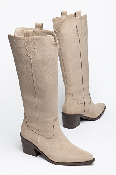 Generic Brand Beige Suede Western Cowboy Boots with Brown Sole and Pointed Toe