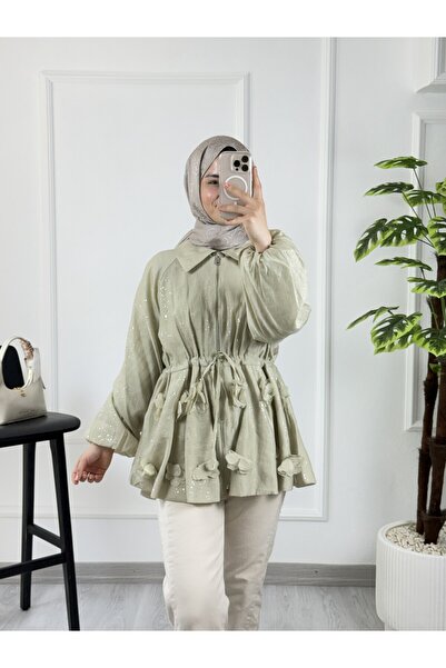 Sovel 8015 Glittery Floral Detailed Zippered Peplum Jacket