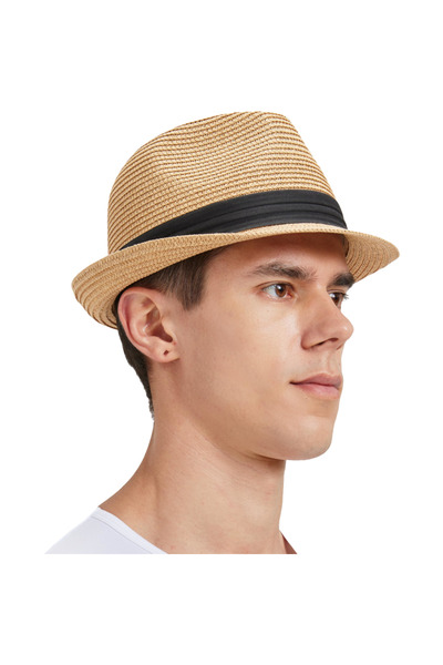 OtherMax Pălărie de Paie pentru Bărbați Fedora Trilby Plajă Protecție UV Bej ...