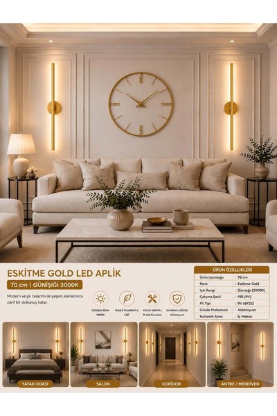 Mandaş Eskitme Gold Gün Işığı 70 CM Led Duvar Aplik 3 Adet Pilli Kablosuz Kullanım Tak-Çalıştır