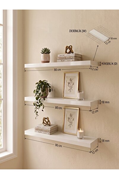 woodline 3'LÜ 80X12 DUVAR RAFI BEYAZ MDF (ÜRÜN SADECE RAF İÇERİR)