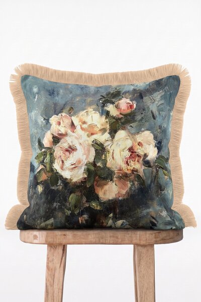 IdeCraft Blue Background Pastel Rose Bouquet Oil Painting Effect Fringed Cush...