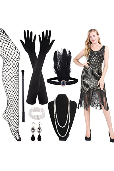 OtherMax Rochie costum retro pentru femei, stil Great Gatsby, anii '20, neagr...