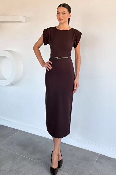 TOZLU Women's Dress with Belt Accessories and Slit Detail