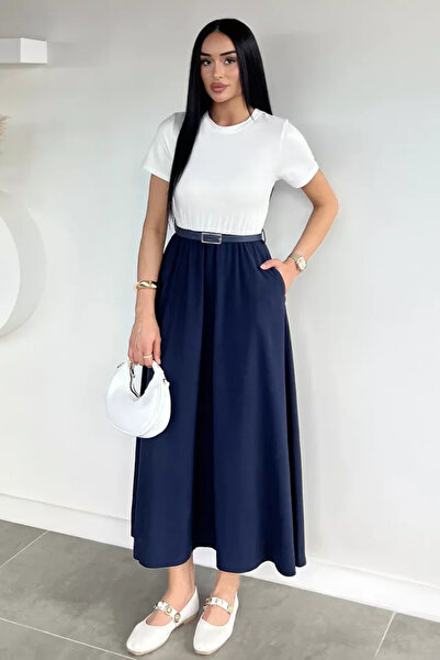 TOZLU Gülseli Belted Combed Cotton Garnished Long Dress
