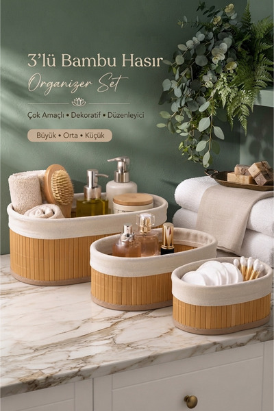 ego home 3’lü Oval Bambu Hasır Sepet Seti Dekoratif Banyo Makyaj Mutfak Düzenleyici Organizer Sepet