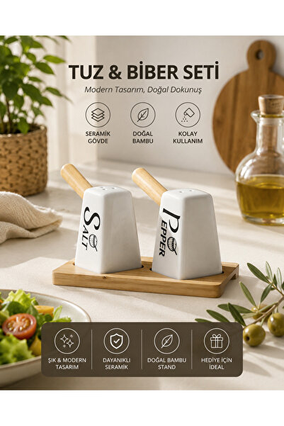 SERRA HOME Porselen Kulplu Tuzluk Biberlik Seti Bambu Standlı