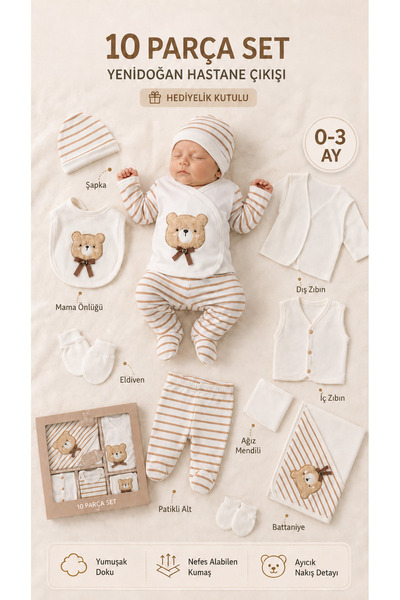 EDM Kidss 100% Cotton Baby Boy Hospital Discharge Set of 10 with Teddy Bear E...