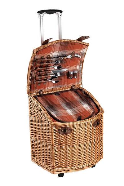 Picnic&co Tekerlekli Piknik Sepeti 4 Kişilik Hasır Piknik Seti Kahverengi Eko...