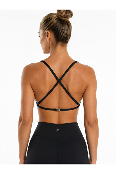 TÜKATO Women's Black Color Thin Straps Crossed Back Detailed Padded Sports Bra