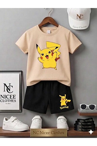 Leto Lykia Summer Children's T-Shirt Shorts Unisex Yellow Pi̇kachu Printed