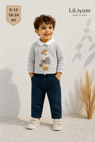 LİLİYUM Baby Boy Teddy Bear Embroidered 2-Piece Set Gray Sweater Navy Blue Pa...