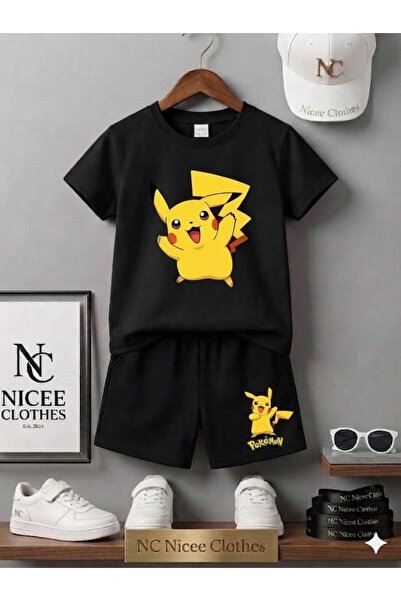 Leto Lykia Summer Children's T-Shirt Shorts Unisex Yellow Pi̇kachu Printed