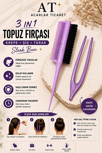 Acarlar Ticaret rofessional 0.34 Topuz Fırçası 3 In 1 Krepe Şiş Tarak Sleek Bun Topuz Tokası Hediyeli
