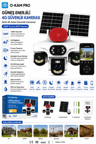 O-KAM PRO OK-500PREMIUM4G 12MP 4G SIM Kartlı Solar 5 Lens Gece Görüşlü Güvenl...