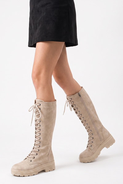 SNİCKER Women's Lace-Up Inner Zipper Below-The-Knee Boots Thick Soled Comfort...