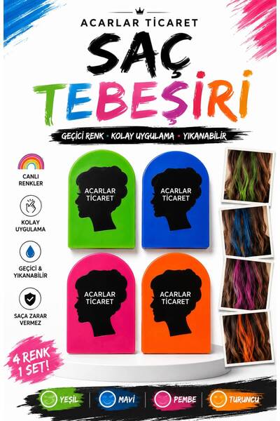 Acarlar Ticaret Saç Tebeşiri 4'lü Set Saç Renklendirici Tebeşir Saç Boyama Tebeşiri
