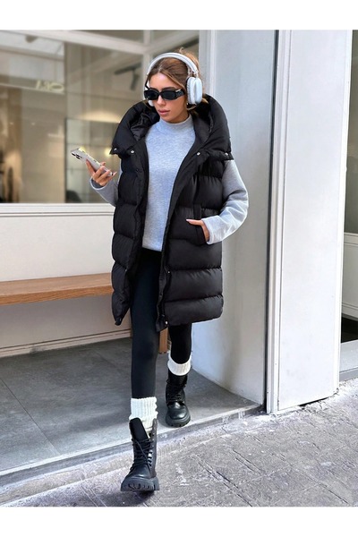 ladyzey Women's Black Hooded Snap Closure Double Pocket Medium Size Puffer Vest
