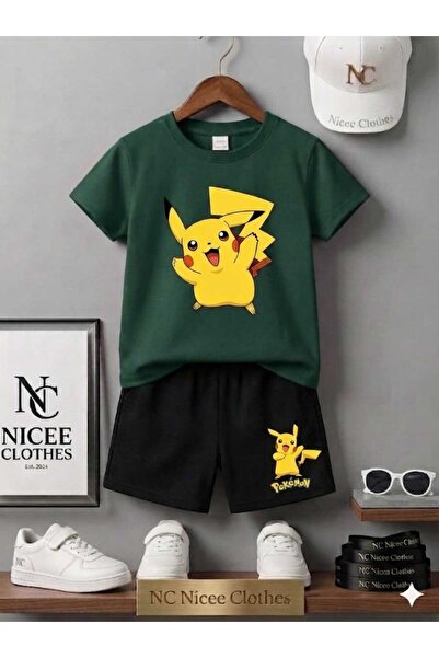 Leto Lykia Summer Children's T-Shirt Shorts Unisex Yellow Pi̇kachu Printed