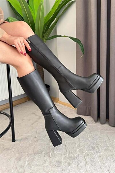 M&B COLLECT Women's Sera Black Platform Heeled Below-The-Knee Boots Blunt Toe...