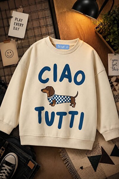 Çocuk Sweatshirt Krem Ciao Tutti Köpek Baskılı Uzun Kollu Bisiklet Yaka Günlük Üst