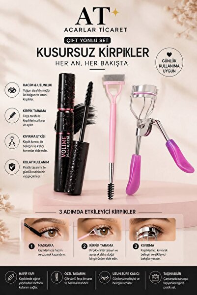 Acarlar Ticaret Ultra Siyah Maskara, Maskara Sonrasi Kirpik Ayirici Aparat Çift Tarafli Kirpik Tarama Firçali, Kirpik Kıvırıcı Set