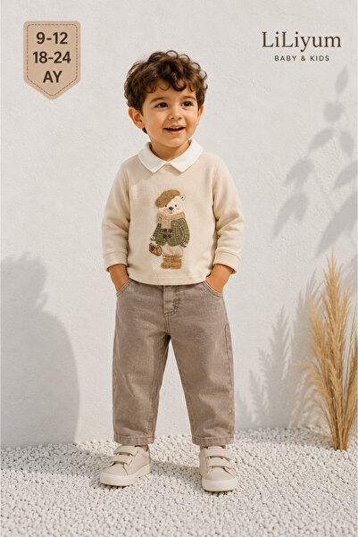 LİLİYUM Baby Boy Teddy Bear Embroidered 2-Piece Set Gray Sweater Navy Blue Pa...