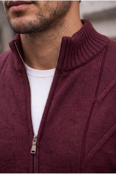 Valiberta Cardigan pentru bărbați Rossellini, anti-scămoșare, anti-piling, cu dungi verticale, texturat, cu buzunare cu fermoar - Roșu Claret