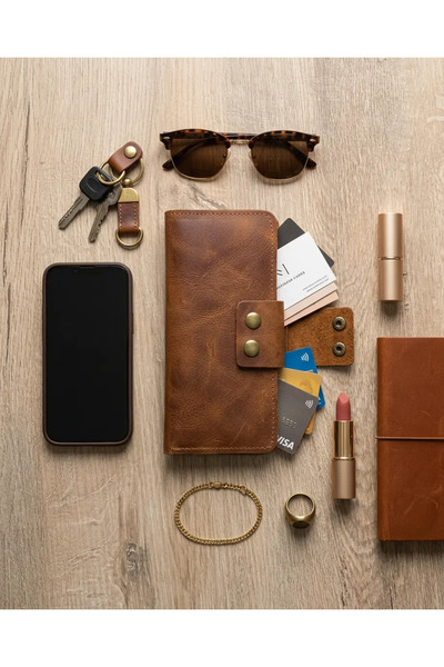 Generic Brand 100% Genuine Leather Snap Fastener Handheld Portfolio Wallet with Phone Compartment - 9X19 cm Tan & Bitter Brown