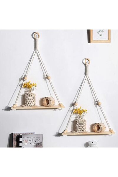 Artilady Bohemian Vintage Style Wooden Shelf with Macrame Rope Wall Hanging, ...